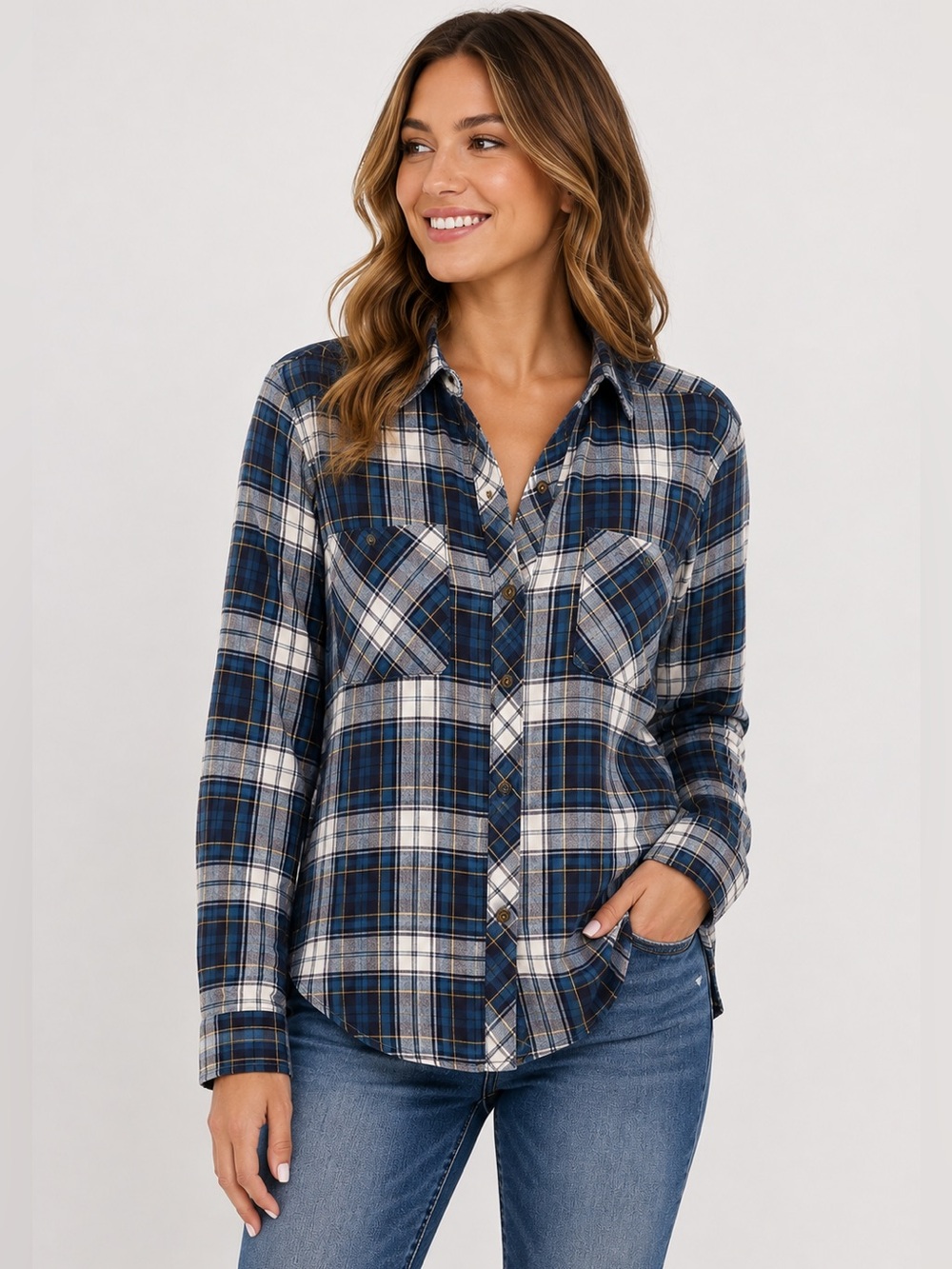 Polly & Esther Blue Plaid 100% Cotton Button Down Shirt Blouse Medium